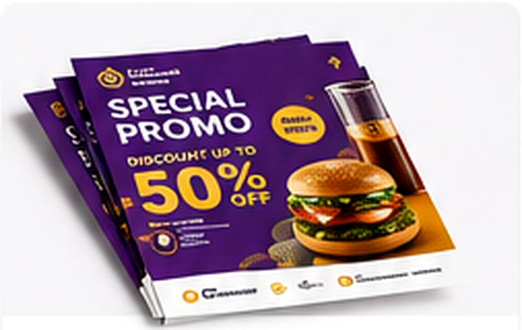 Foto studio flyer promosi cetak dengan desain ungu, burger, dan minuman