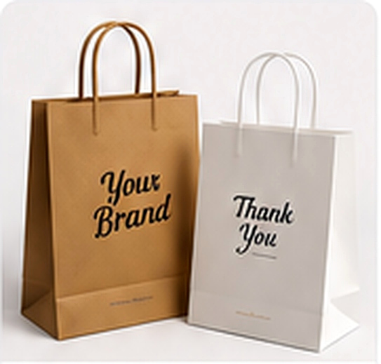 Foto studio paper bag kraft dengan cetakan ungu dan kuning